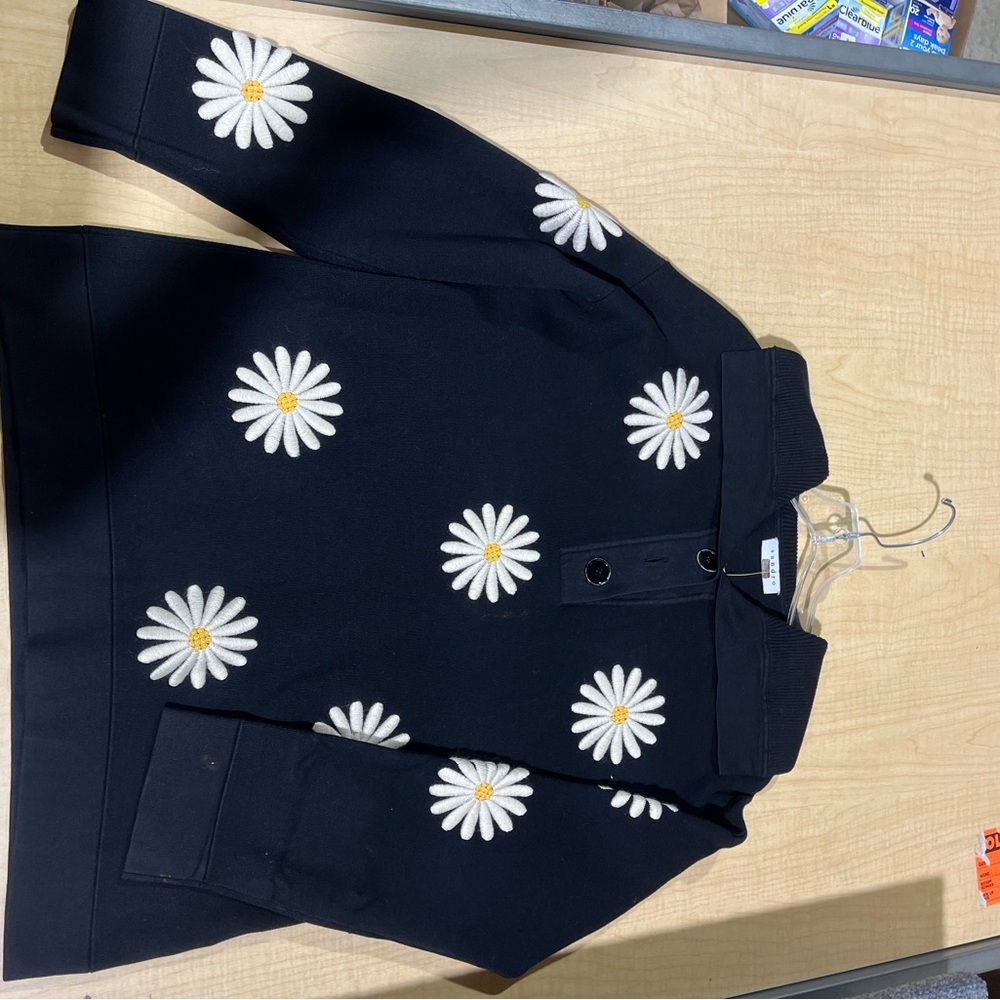 Sandro Black Cardigan with White Embroidery